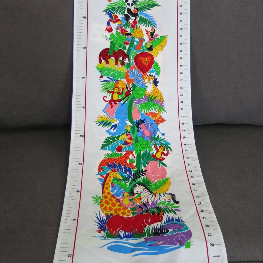 Vintage Cotton Metric Imperial Child Growth Chart Jungle Animals Birds Palms